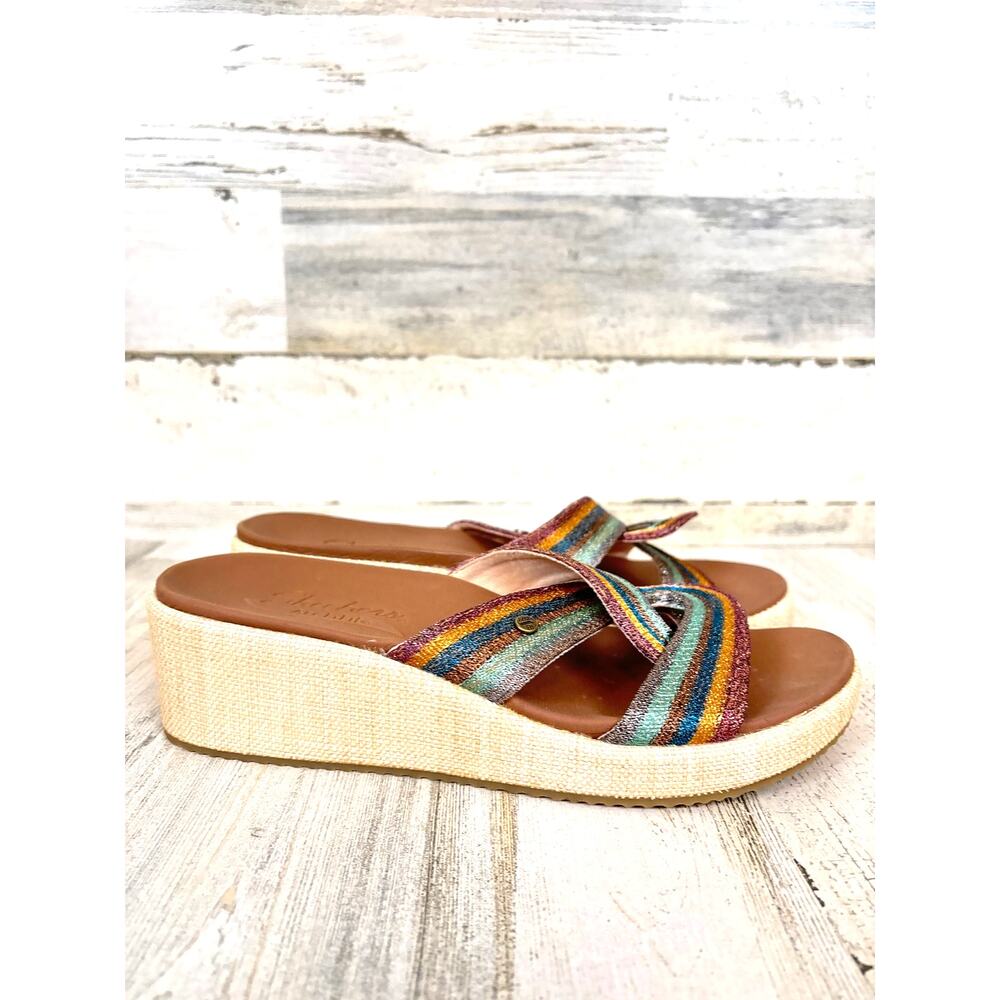 Skechers Womens 9 Rainbow Twist Arch Fit Raffia Wedge Slip On Sandals NEW